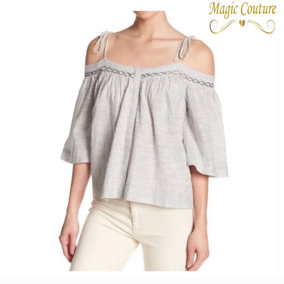 Rebecca Taylor Tops - La Vie Rebecca Taylor Off Shoulder Embroidered Striped Blouse🖤🤍🖤